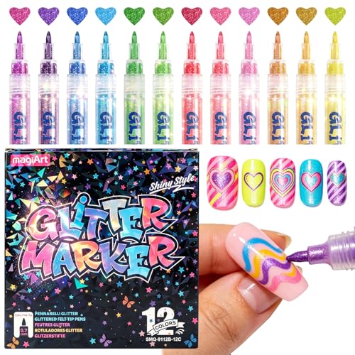 12 Colors Glitter Nail Art Pens Set, 3D Gel Nail Polish Pens Nail Art Drawing Pen Quick Dry Waterproof Nail Art Painting Pens kit for Home DIY Nail Art Design (SET A) - color: SET A