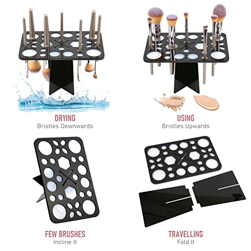 Makeup Brush Cleaning Mat & Drying Rack - 28 Holes Brush Holder, Silicone Rubber Clover Shaped Mat Cleaner - Black & Pink
