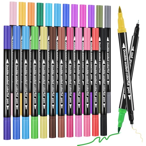 24 Colored Dual Tip Markers Fine & Brush Pens - No Bleeding, Coloring Markers for Adult, Sketching, Drawing, Journaling Art Marker Set - color: 24 Colors