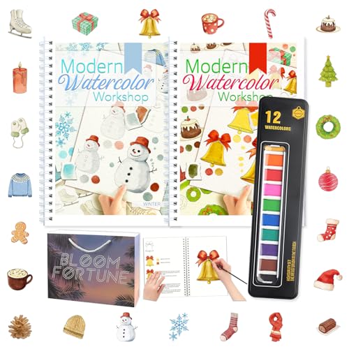 apolyone 2-Pack Beginner Watercolor Workbooks: 24 Coloring Pages + 12 Watercolor Paints + Brush – 300gsm/140lb Paper – Gift for Women, Adults & Beginners (Winter & Christmas) - style: Winter & Christmas