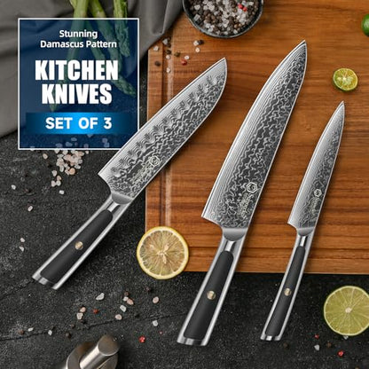 Sunnecko Damascus Kitchen Knife Set 3 Piece, Sharp Chef Knife Set Professional Kitchen Knives Sets Full Tang with Gift Box - size: Set of 3