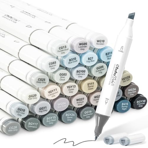 Ohuhu Alcohol Markers Gray Tone- Double Tipped Alcohol Based Art Marker Set for Artist Adults Coloring Shading Layering- 36 Grayscale Colors- Chisel & Fine- Oahu of Ohuhu Markers- Refillable