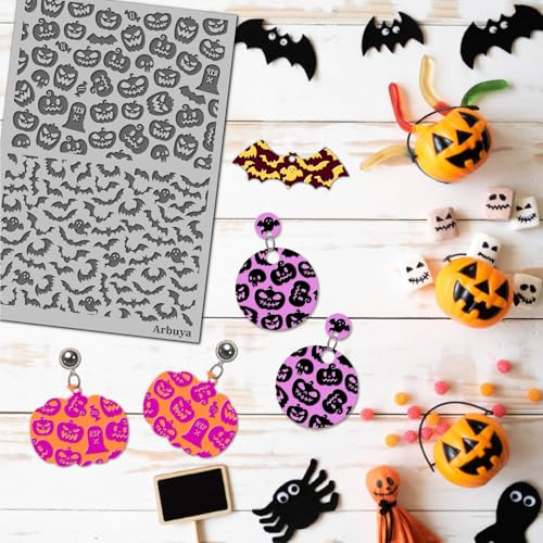 Halloween Polymer Clay Texture Mat - Pumpkin Bats Ghost Texture Sheets for Polymer Clay Earring Charm Jewelry Making, DIY Craft Supplies - style: Sooky Pumkin