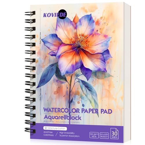 KOVIEDE 100% Cotton Watercolor Paper Pad 30 Sheets, Cold Press 140lb/300gsm Spiral Bound Watercolor Sketchbook, Artist Quality Art Journal Supplies (Floral-Purple, 5.5“x8.5) - color: Floral-Purple, size: 5.5“x8.5"
