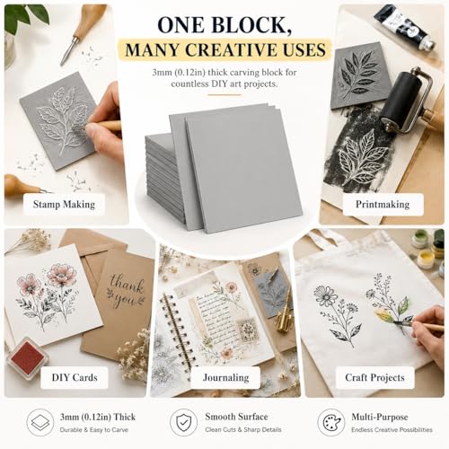 LDXDRU 10 Pcs Linocut Block Gray 12" x 8", Rubber Blocks for Carving 3 mm Soft Printing Plates, Rubber Carving Block Sheets for Stamp Making, Art Class, DIY Printmaking