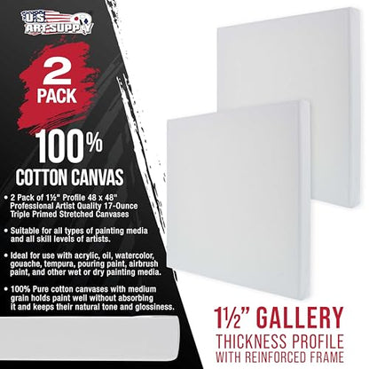 U.S. Art Supply X-Large Stretched Canvas for Painting 48x48 inch Gallery Depth 1-1/2" Thick, 2-Pack - 12oz Acrylic Gesso Triple Primed, Professional Artist Quality, 100% Cotton - Oil, Pouring Paint - size: 48" x 48"