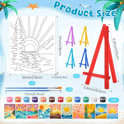 Blosssound 10 Set Pre Printed Sunrise Canvas Pre Drawn Canvas Painting with Easel Kits 5" x 7" Outline Painting Panels for Beginners, DIY Craft Project, Party Favor, Home Decors - style: Sunrise