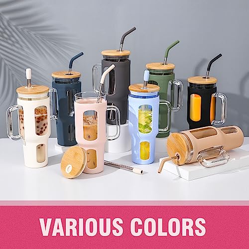 WINSA Glass Tumbler with Lid and Straw, 46 oz Iced Coffee Cup with Handle, Large Water Bottles with Silicone Sleeve, Glass Cup with Straws - Pearl Straw & Drinking Straw BPA Free-CottonPink - color: CottonPink, size: 46 Ounces