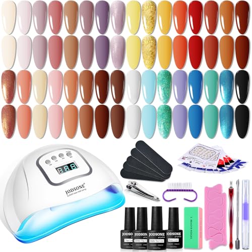 JODSONE 36 Pcs Gel Nail Polish Kit with U V Light of 32 Color Gel Polish Nail Collections Base and Top Glitter Coat Manicure Tools - color: 32KIT-Color 8