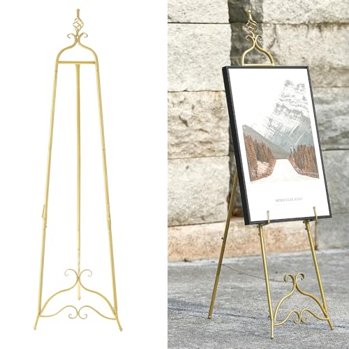 58.5” H Gold Easel Stand for Sign, Large Adjustable Metal Display Standing for Displaying Pictures Wedding Poster Holder Showcasing with Chain Support - color: Openwork Orb Top