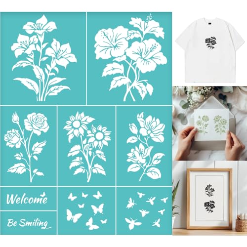 2 Sheets Flower Borders Silkscreen Stencil, Reusable Self-Adhesive Silk Screen Printing Floral and Butterfly Pattern Mesh Rose Sunflower Stencil for Painting on Wood Fabric DIY T-Shirt - style: Floral and Butterfly