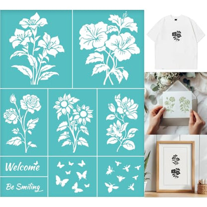 2 Sheets Flower Borders Silkscreen Stencil, Reusable Self-Adhesive Silk Screen Printing Floral and Butterfly Pattern Mesh Rose Sunflower Stencil for Painting on Wood Fabric DIY T-Shirt - style: Floral and Butterfly