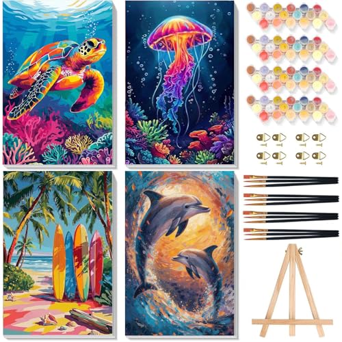 4 Pack Paint by Numbers for Adults with Framed Canvas - with Wooden Easel, Beach Paint by Number on Canvas, DIY Sea Turtle Acrylic Oil Painting Kits with Brushes for Home Wall Decor (8x12 inch) - color: BKH2378+BKH2379+BKH2380+BKH2381
