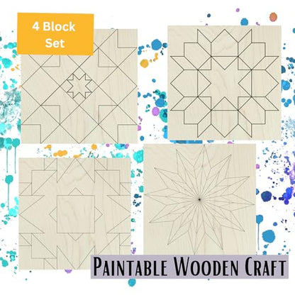 9" Barn Quilt Kit Set 4 | Patch Star, Aztec, Swoon, Starburst | Paintable unfinished wood quilt blocks for DIY party crafts, farmhouse wall art, quilting decor, and handmade gifts. - size: 9 inches (set of 4), style: Butterfly, Patchwork Star, Dresden Flo