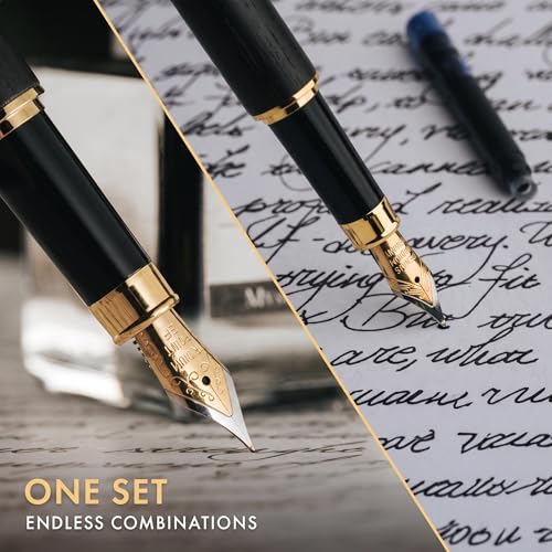 Wordsworth & Black Fountain Pen Set, Luxury Bamboo Wood - Medium Nib, Extra Fine Nib, Gift Case; 25ML Black Ink Bottle, 6 Ink Cartridges, Refill Converter - Calligraphy, Writing [Black Wood] - color: Black Wood