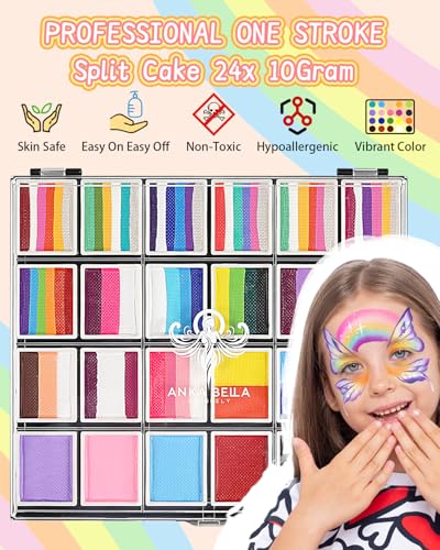 Anka Bella Professional Washable 24x10gm Face Paint for Kids & Adults,Water Based One Stroke Split Cake Face Painting Kit with Brushes,Non toxic ,Ideal for Easter/Parties/Halloween/Carnival - color: Multicolor