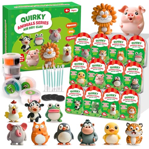 Kasfalci Air Dry Clay Kit for Kids, 12 Animals Modeling Magic Clay Sculpting Set, DIY Party Favors Arts & Crafts for Kids Ages 4-6-8-12, Ultra Light & Soft, Safe & Non-Stick with Tools & Tutorials