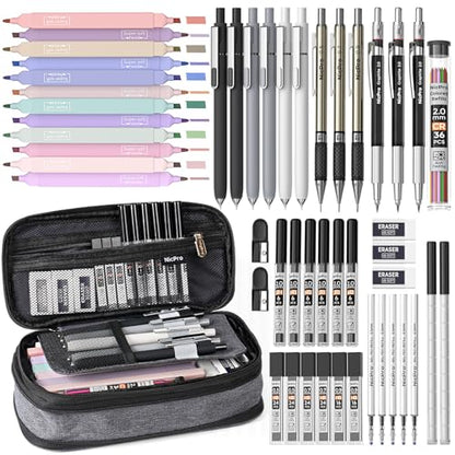 Nicpro 50 PCS School Supplies Stationary Set with Pencil Case - 6 Gel Pens & Refills, 12 Highlighters, 6 Art Mechanical Pencil Set, 12 Tube lead Refills for College Essentials Office Stationery -Black - color: Black, size: 50 PCS