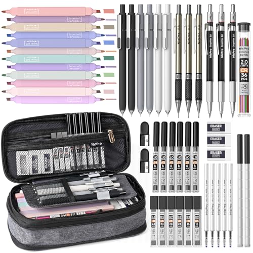 Nicpro 50 PCS School Supplies Stationary Set with Pencil Case - 6 Gel Pens & Refills, 12 Highlighters, 6 Art Mechanical Pencil Set, 12 Tube lead Refills for College Essentials Office Stationery -Black - color: Black, size: 50 PCS