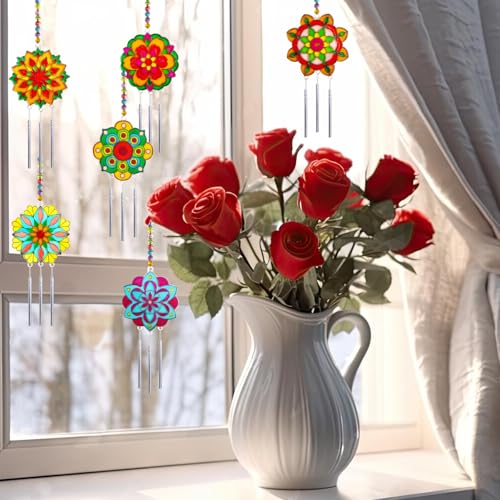 Ayhuhra 30 Sets Mandala Suncatchers Wind Chimes Craft Kits DIY Window Art Suncatcher Mandala Flower Craft Art Kit for Spring Summer Party Activities Art Project Party Favors - style: Mandala Wind Chimes