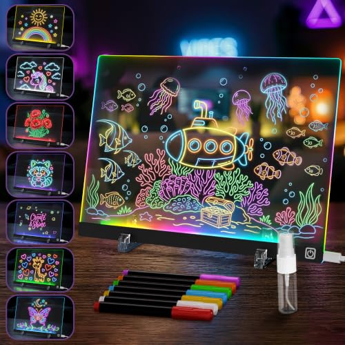 LED Drawing Board with USB-C Power – 16 Inch Acrylic Light Board for Tracing with Edge-Lit Color-Changing Glow, 7 LED Colors, 6 Light Modes – Plug-and-Play Kit with Markers, Stands, Gift Box (Black) - color: Midnight Black