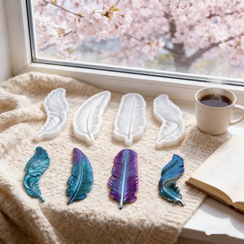 4-Piece 3D Feather Resin Molds Set, Decorative Wall Art Silicone Molds for Epoxy Casting, Home Decor Craft Making