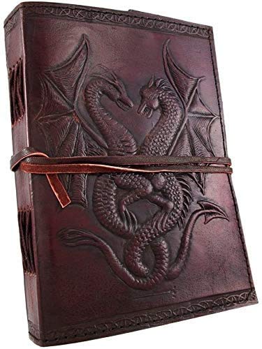AzureGreen DOUBLE DRAGON Blank Page BOOK Handcrafted Leather Writing Unlined 5 x 7 JOURNAL (MEDIUM, Large Brown 8"x6") - color: Large Brown