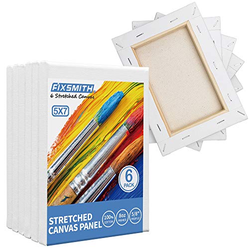 FIXSMITH Stretched White Blank Canvas- 5x7 Inch,6 Pack,Primed,100% Cotton,5/8 Inch Profile of Economy Value Pack for Acrylics,Oils & Other Painting Media. - size: 5"x7"
