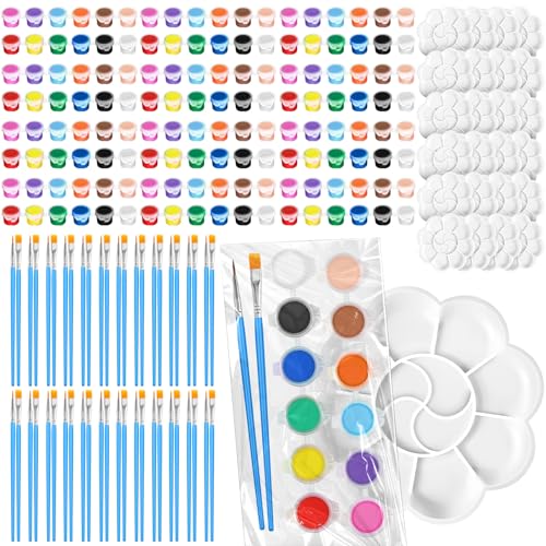 Fulmoon 96 Pcs/24 Set Mini Paint Set for Kids Bulk, Back to School 12 Colors Washable Painting Kit with Brushes and Palettes, Arts Crafts Party Favors for Classroom DIY Painting (Vivid Color) - color: Vivid Color