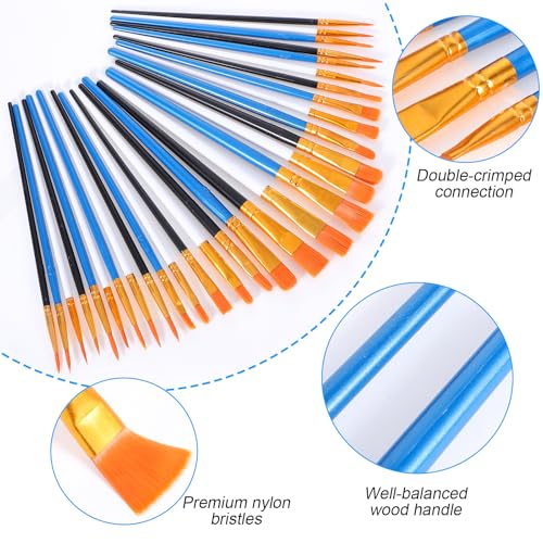 Acrylic Paint Brushes Set, 30 Pcs (3×10 Pack) Nylon Hair Artist Paint Brushes for Acrylic, Watercolor & Oil, Fine Detailing for Canvas, Rock & Nail Art (Black, White and Blue) - color: Black, White and Blue