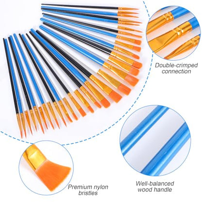 Acrylic Paint Brushes Set, 30 Pcs (3×10 Pack) Nylon Hair Artist Paint Brushes for Acrylic, Watercolor & Oil, Fine Detailing for Canvas, Rock & Nail Art (Black, White and Blue) - color: Black, White and Blue