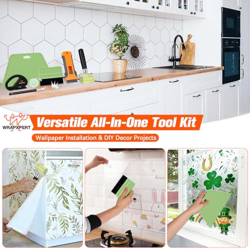 WRAPXPERT Wallpaper Tools Wallpaper Smoothing Tool Kit with Felt Squeegee,Seam Roller,Razor Scraper,Wrapping Paper Cutter for Peel and Stick Contact Paper,Vinyl Backsplash Tile,Bathroom,Window Film - color: Green