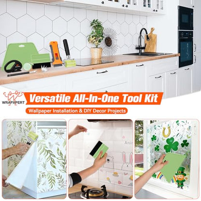 WRAPXPERT Wallpaper Tools Wallpaper Smoothing Tool Kit with Felt Squeegee,Seam Roller,Razor Scraper,Wrapping Paper Cutter for Peel and Stick Contact Paper,Vinyl Backsplash Tile,Bathroom,Window Film - color: Green