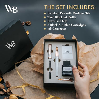 Wordsworth & Black Fountain Pen Set,18K Gilded Medium & Extra Fine Nib,25ML Black Ink Bottle,6 Ink Cartridges,Refill Converter,Gift Box,Smooth Writing Pen [White Rose Gold],Gift Set for Men and Women - color: White Rose Gold