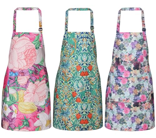 3 Pack Waterproof Floral Aprons for Women, Adjustable Strap Apronwith Pocket Multi-Use for Kitchen, Art, Garden - color: Floral 3