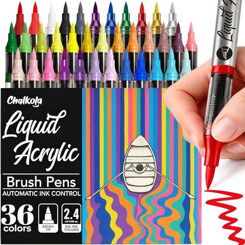 Chalkola 36 Acrylic Paint Markers Brush Tip - Flexible Brush Acrylic Marker, No Bleed, Waterproof Paint Pens for Coloring Book, Canvas, Rock Painting, Professional Artists, Crafts - Water Based Ink - color: 36 Pack