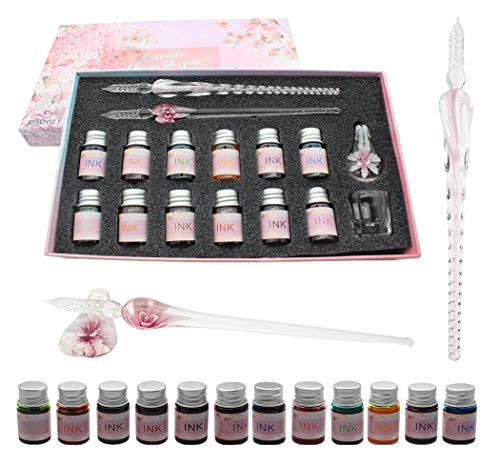 XIAOYU Glass Dip Pen Ink Set, 16 Pieces Calligraphy Pens Set - 12 Colorful Inks, Pen Holder, Cleaning Cup, 2 Crystal Glass Pens for Writing, Signature - Pink - color: Pink