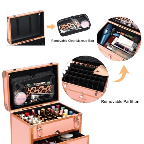 3 in 1 Rolling Makeup Case, Professional Cosmetology Case on Wheels, Detachable Clear Makeup Bag & Nail Polish Organizer, Portable Makeup Trolley with Drawers for Makeup Artists & Nail Technicians - color: Rose Golden