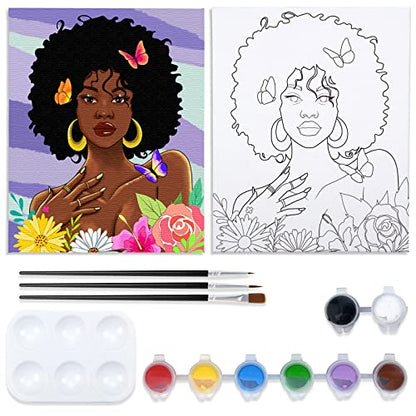 VOCHIC Canvas Painting Kit Pre Drawn Canvas for Painting for Adults Party Kits Paint and Sip Party Supplies 8x10 African American Women Flowers Art Set - size: 8x10, style: Style 2