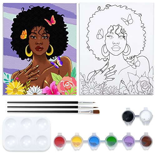 VOCHIC Canvas Painting Kit Pre Drawn Canvas for Painting for Adults Party Kits Paint and Sip Party Supplies 8x10 African American Women Flowers Art Set - size: 8x10, style: Style 2