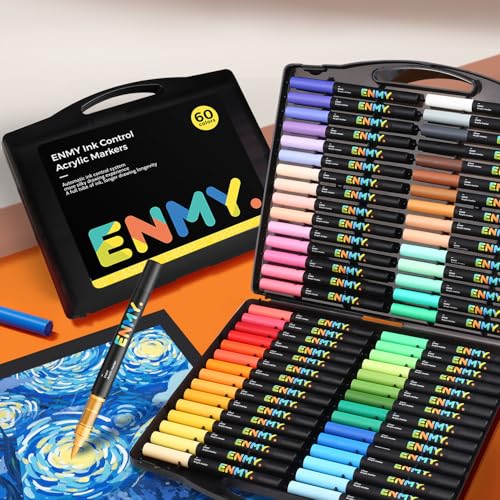 60 Colors Acrylic Paint Markers, Direct Liquid Acrylic Paint Marker Pen, Fabric Markers for Textile, Canvas, Rock, Glass, Wood, Paper, DIY, Acrylic Coloring Pens for DIY Craft Supplies - color: 60-Color