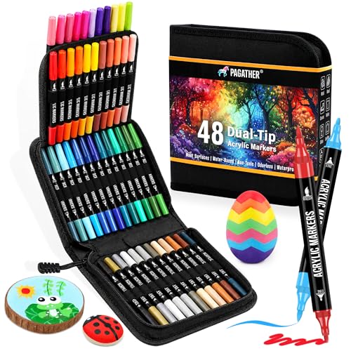Pagather 48 Colors Acrylic Paint Markers, Dual Tip with Fine Tip and Brush Tip Pens for Stone, Wood, Calligraphy, Canvas, Ceramic, Metal, Glass, Rock Painting, DIY Crafts Art Supplies Kit - color: 48 Colors
