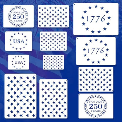 12 Pcs Independence Day Star Stencils for Painting Set, Reusable 4th of July Multiple Sizes Painting Templates, Memorial Labor Day Patriotic Stencil Craft Drawing Templates DIY Scrapbook, Wood Signs - style: Independence Day Star