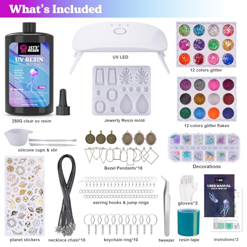 LET'S RESIN UV Resin Jewelry Making Kit - 153Pcs Crystal Clear 250g UV Resin Kit with Light, UV Resin Molds, Resin Starter Kit for Beginners, Keychain&Earring Making, Craft Decor - size: 250g Jewelry Making Kit