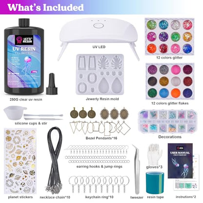 LET'S RESIN UV Resin Jewelry Making Kit - 153Pcs Crystal Clear 250g UV Resin Kit with Light, UV Resin Molds, Resin Starter Kit for Beginners, Keychain&Earring Making, Craft Decor - size: 250g Jewelry Making Kit
