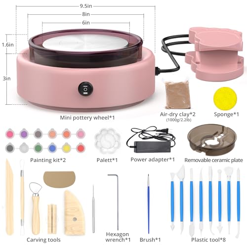 Skirfy Mini Pottery Wheel for Beginners Adults with Foot Pedal9.5" Ceramic Machine for Kids Art Craft Glow in Dark Kits 2.2LB Air-Dry Clay,Carving Tools Adjustable Speed,DIY Projects Birthday Gift - color: Pink