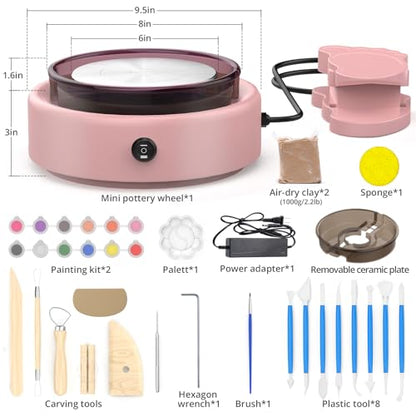Skirfy Mini Pottery Wheel for Beginners Adults with Foot Pedal9.5" Ceramic Machine for Kids Art Craft Glow in Dark Kits 2.2LB Air-Dry Clay,Carving Tools Adjustable Speed,DIY Projects Birthday Gift - color: Pink