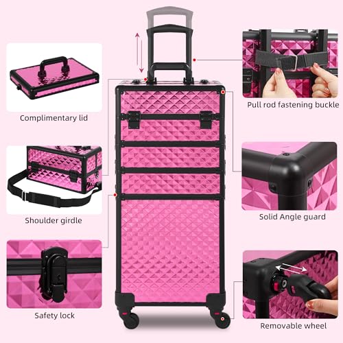 Somduy Rolling Makeup Case, Makeup Train Case with Lid, 5 in 1 Cosmetology Case on Wheels, Christmas Gift, Large Makeup Organizers, Profesional Cosmetic Case for Salon Barber, Rose Red - color: Rose Red