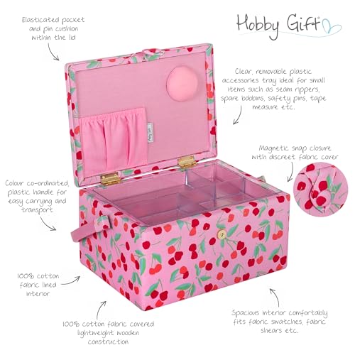 Hobby Gift Medium Sewing Box Organiser, Fabric Covered Storage Box with Handle, Internal Tray, Pin Cushion and Pocket for Sewing, Quilting and Knitting Supplies - color: Cherries
