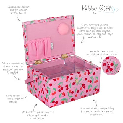 Hobby Gift Medium Sewing Box Organiser, Fabric Covered Storage Box with Handle, Internal Tray, Pin Cushion and Pocket for Sewing, Quilting and Knitting Supplies - color: Cherries